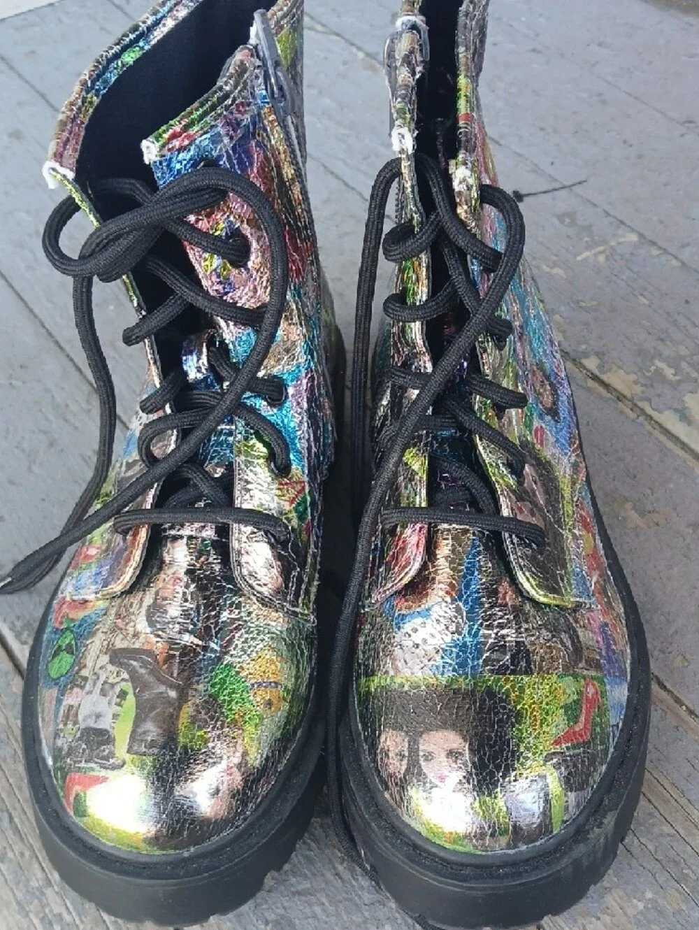 Colorful Metallic Graphic Lace-Up Combat Boots
